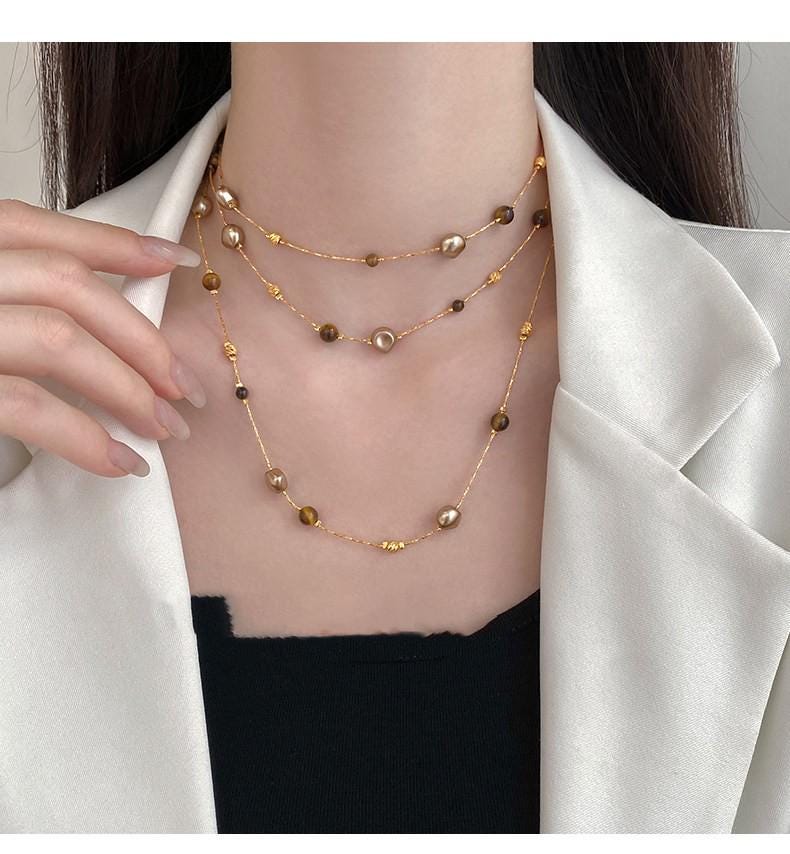 Maillard Tiger Eye Beaded Sweater Chain Necklace