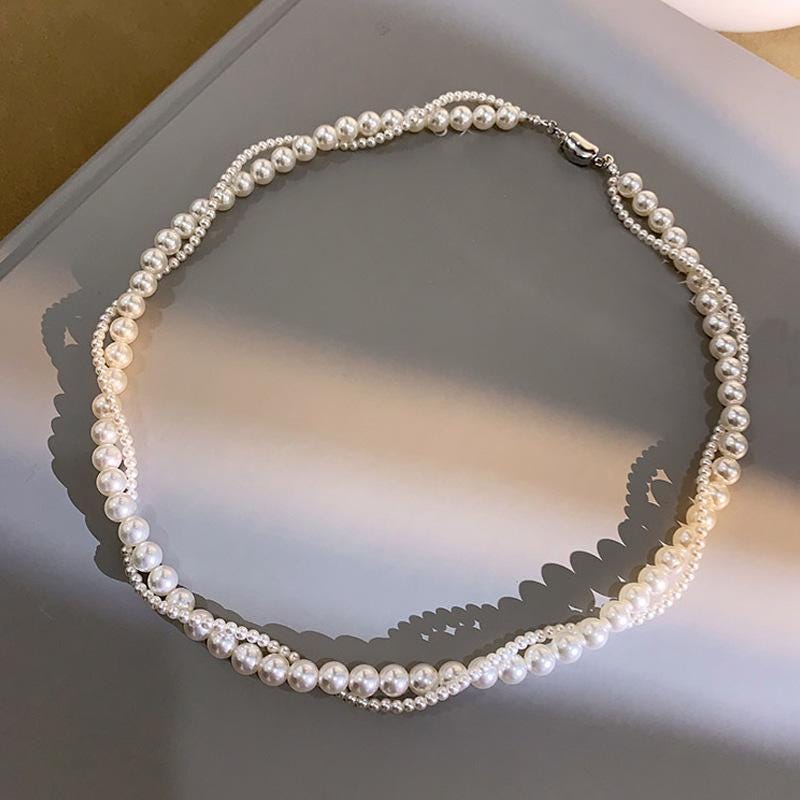 Silver Mixed Chain Pearl Choker Necklace