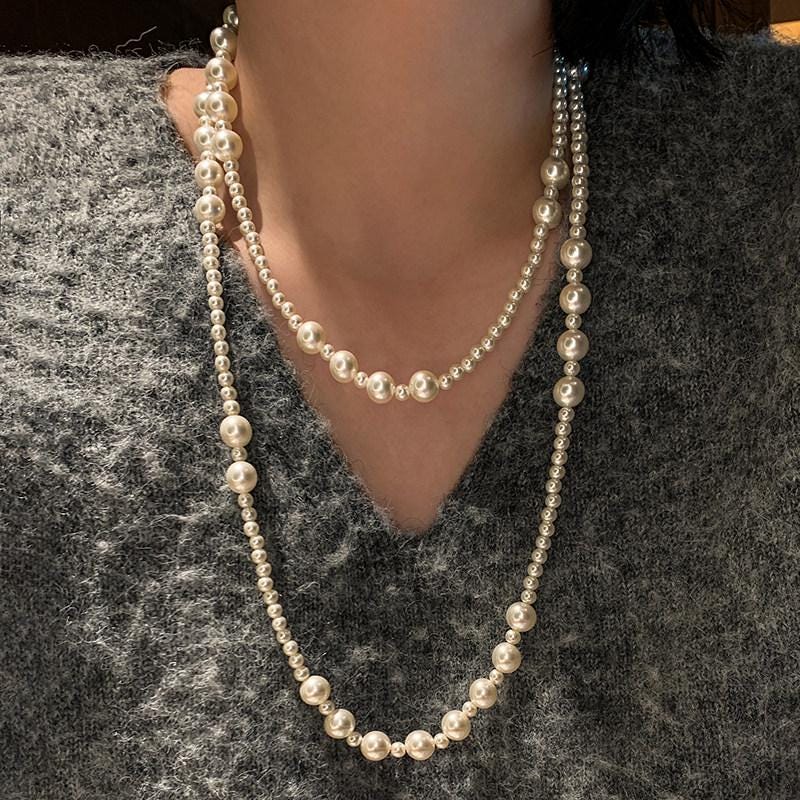 Silver Mixed Chain Pearl Choker Necklace