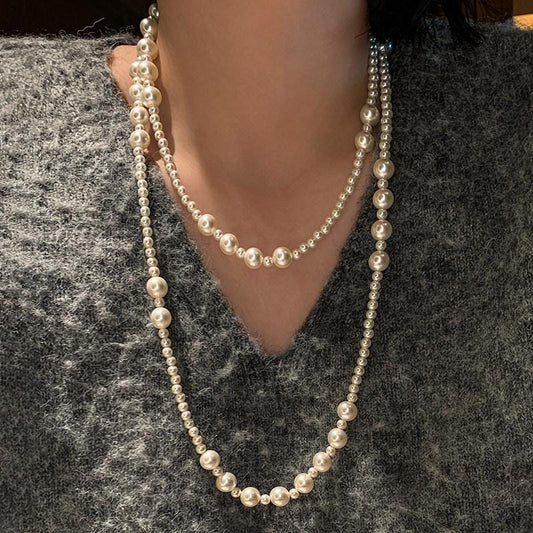 Silver Mixed Chain Pearl Choker Necklace
