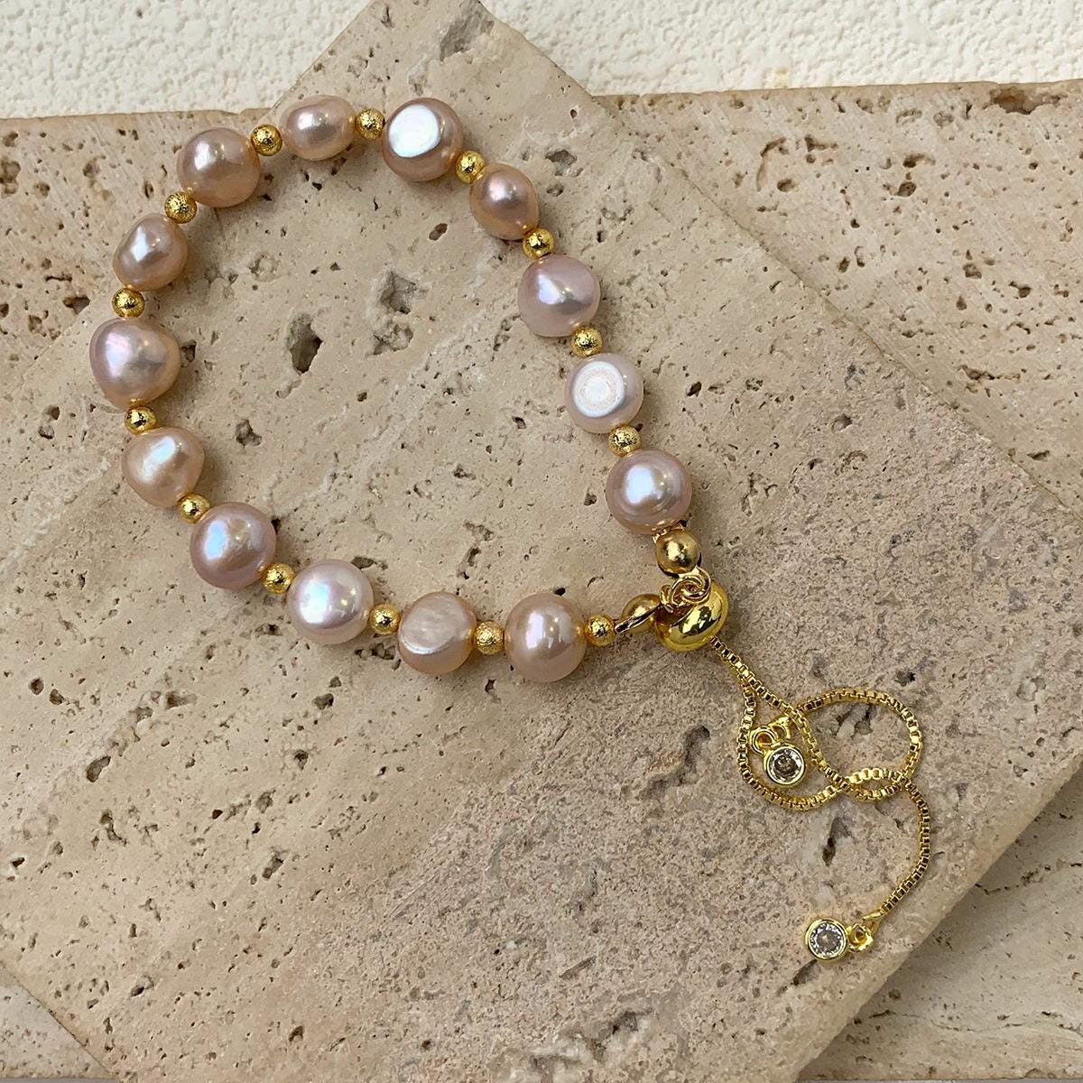 Blush Pink Pearl Stretch Bracelet Gold Bead