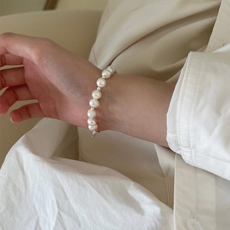 Blush Pink Pearl Stretch Bracelet Gold Bead