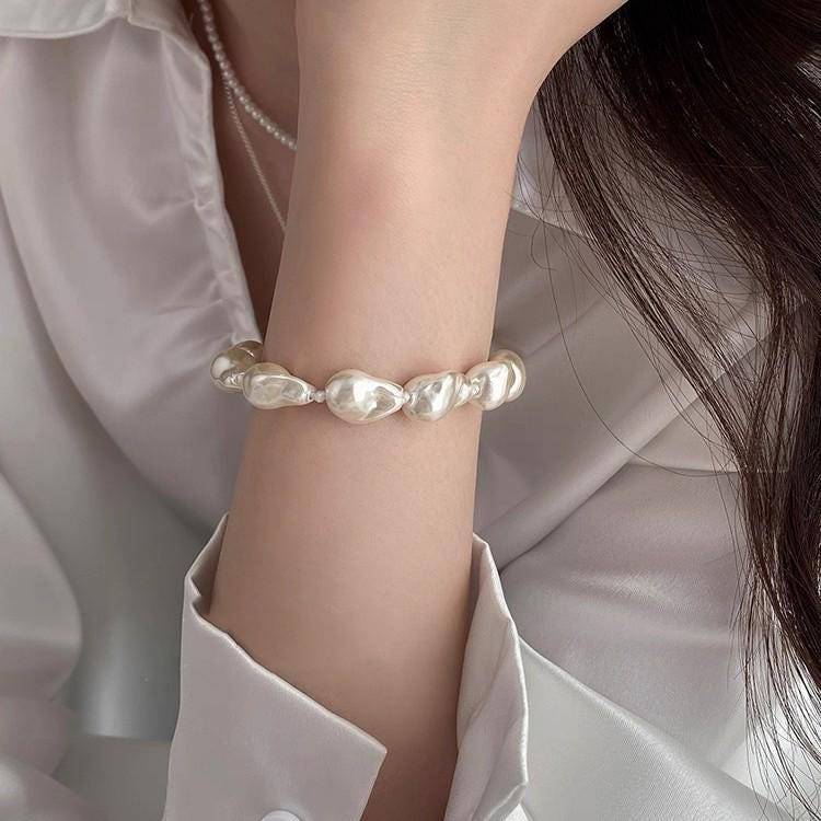 Blush Pink Pearl Stretch Bracelet Gold Bead