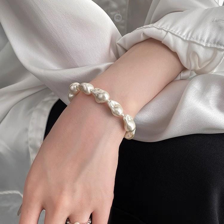 Blush Pink Pearl Stretch Bracelet Gold Bead