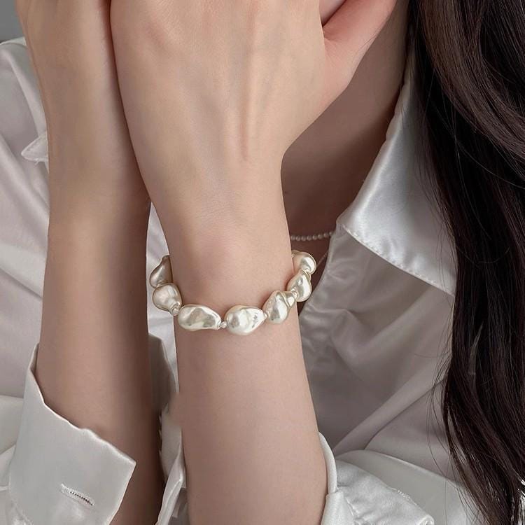 Blush Pink Pearl Stretch Bracelet Gold Bead