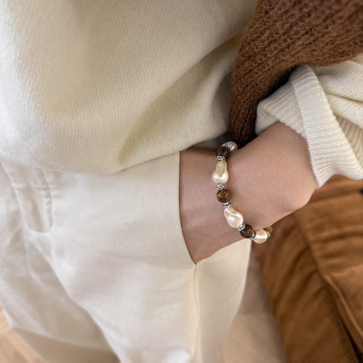 Blush Pink Pearl Stretch Bracelet Gold Bead