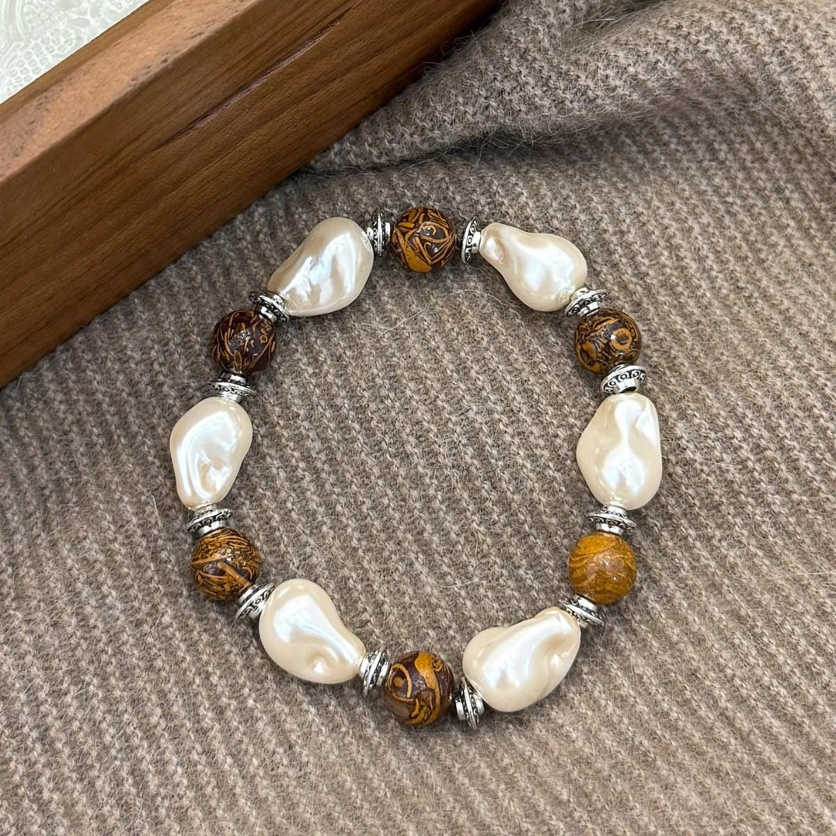 Blush Pink Pearl Stretch Bracelet Gold Bead