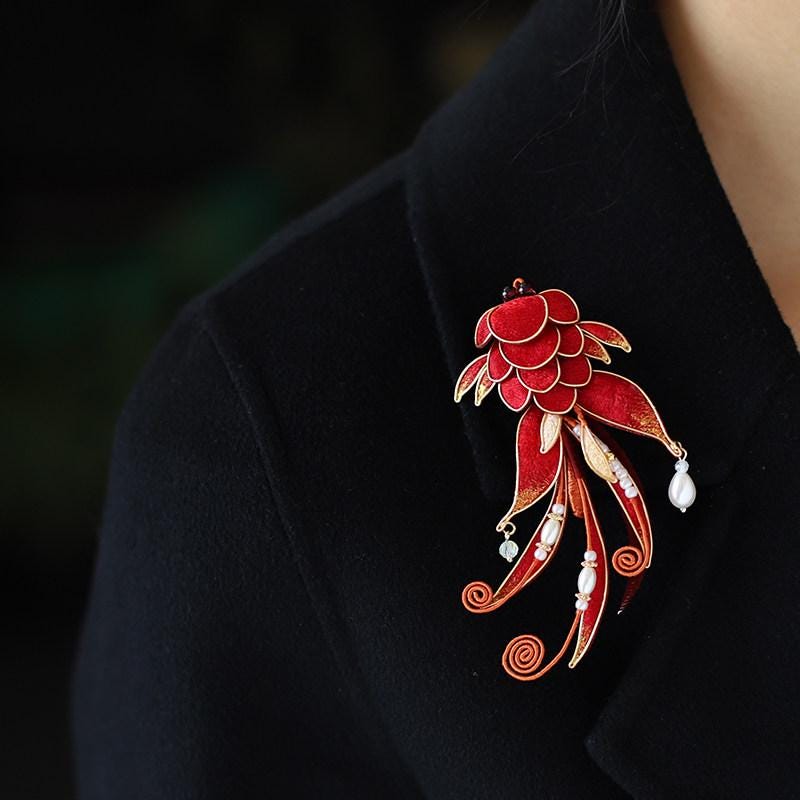 Velvet Phoenix Brooch Handmade Ronghua Pearl Tassel