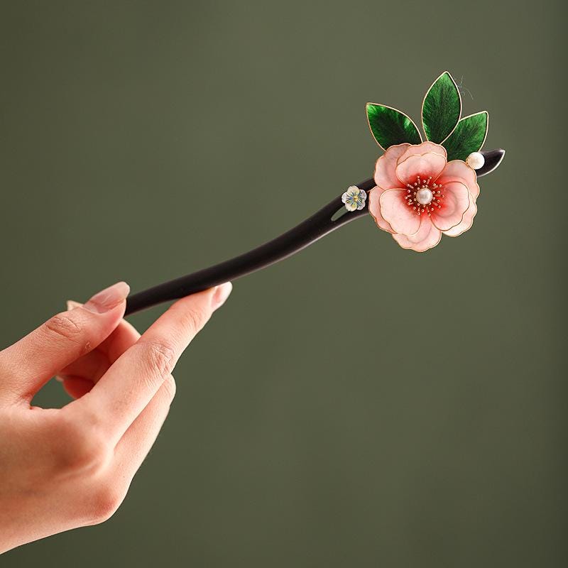 Handmade Enamel Flower Hair Stick Ebony Kingfisher Pearl