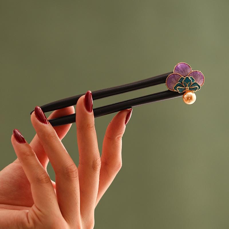 Handmade Enamel Flower Hair Stick Ebony Kingfisher Pearl