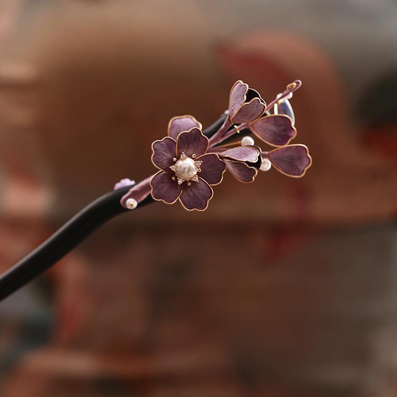Handmade Enamel Flower Hair Stick Ebony Kingfisher Pearl
