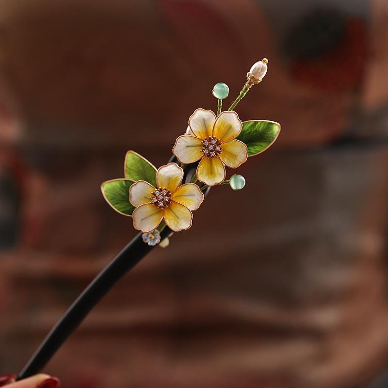 Handmade Enamel Flower Hair Stick Ebony Kingfisher Pearl
