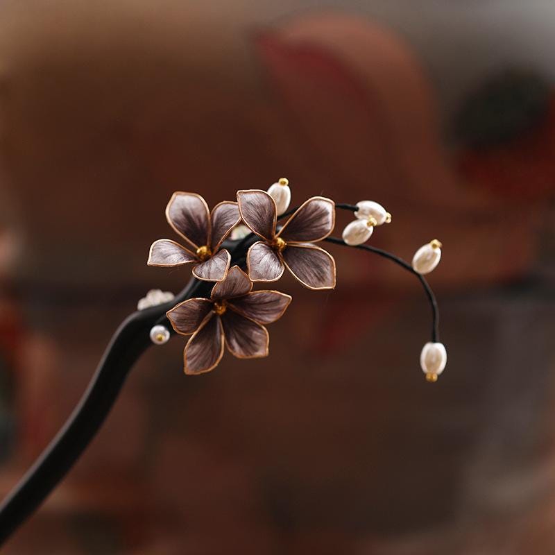 Handmade Enamel Flower Hair Stick Ebony Kingfisher Pearl