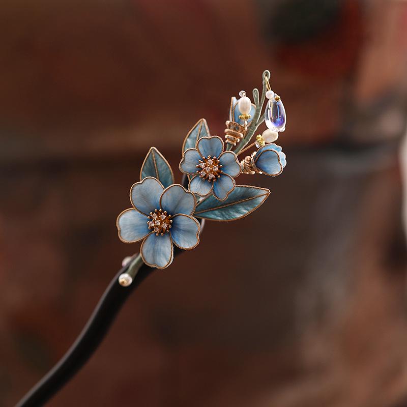 Handmade Enamel Flower Hair Stick Ebony Kingfisher Pearl