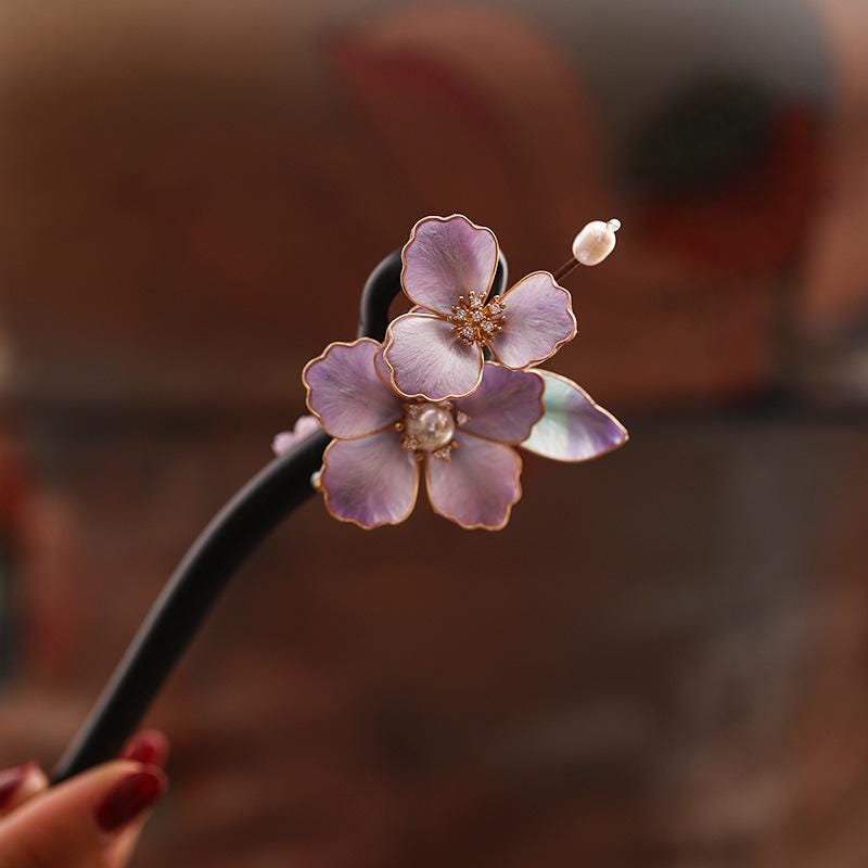 Ebony Hair Stick with Enamel Flower