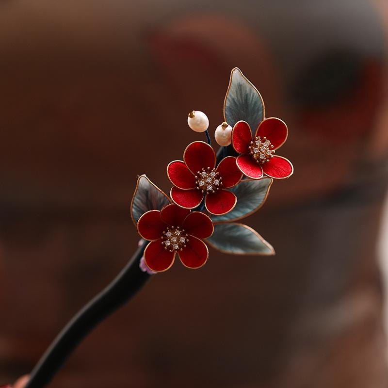 Ebony Hair Stick with Enamel Flower