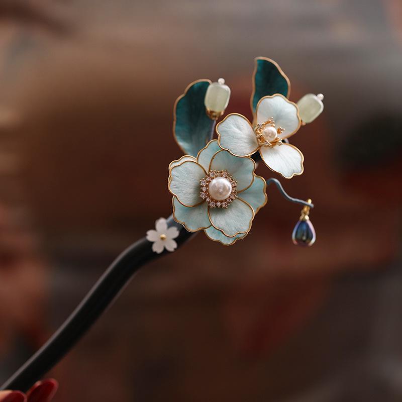 Ebony Hair Stick with Enamel Flower