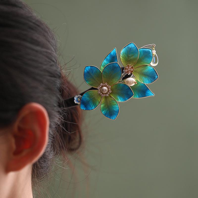 Ebony Hair Stick with Enamel Flower
