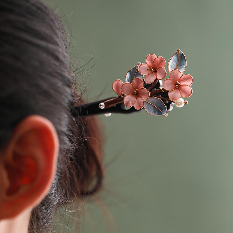 Ebony Hair Stick with Enamel Flower