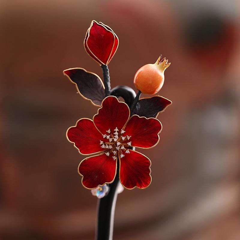 Ebony Hair Stick with Enamel Flower