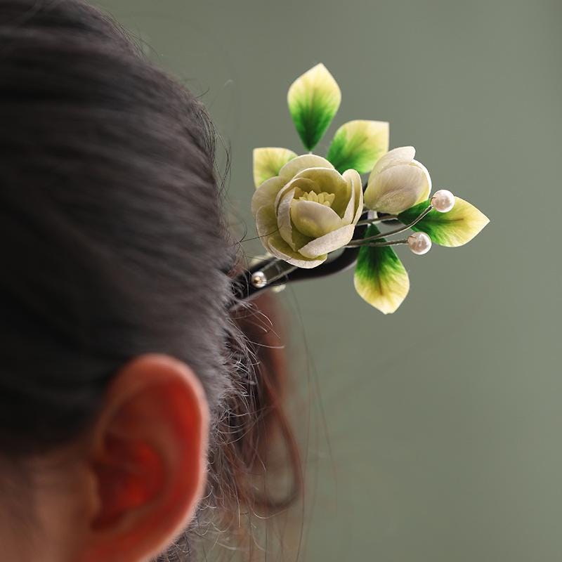 Ebony Hair Stick with Enamel Flower