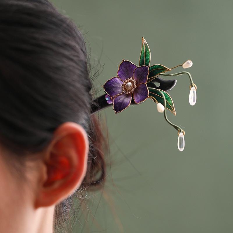 Ebony Hair Stick with Enamel Flower