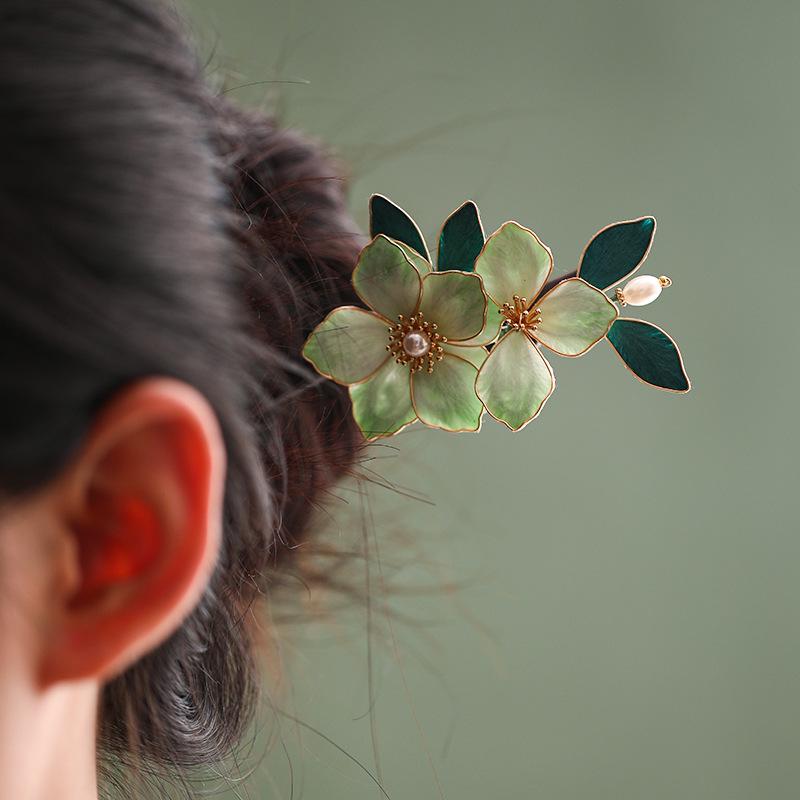 Ebony Hair Stick with Enamel Flower