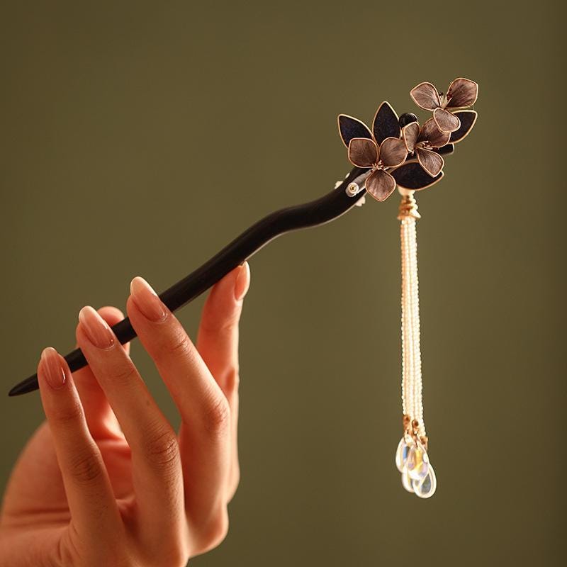 Handmade Ebony Wood Hair Stick | Blue Hydrangea Butterfly Artisan Pin