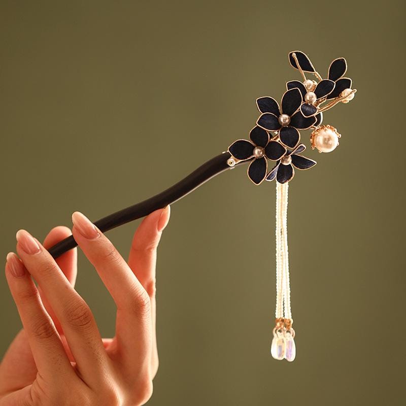 Handmade Ebony Wood Hair Stick | Blue Hydrangea Butterfly Artisan Pin