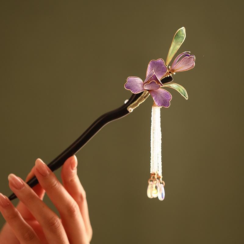 Handmade Ebony Wood Hair Stick | Blue Hydrangea Butterfly Artisan Pin