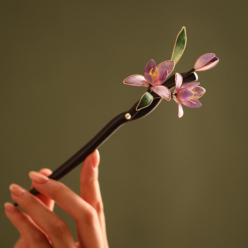 Handmade Ebony Wood Hair Stick | Blue Hydrangea Butterfly Artisan Pin