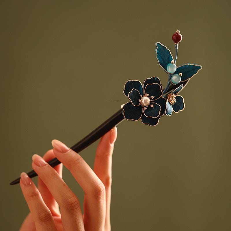 Handmade Ebony Wood Hair Stick | Blue Hydrangea Butterfly Artisan Pin