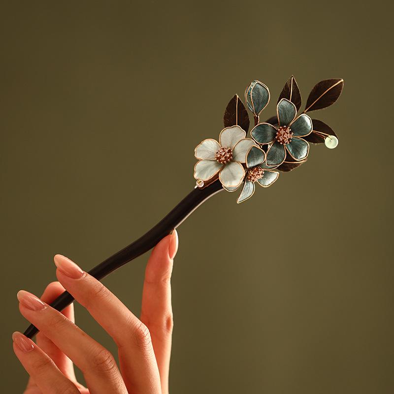 Handmade Ebony Wood Hair Stick | Blue Hydrangea Butterfly Artisan Pin