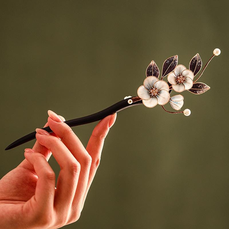 Handmade Ebony Wood Hair Stick | Blue Hydrangea Butterfly Artisan Pin