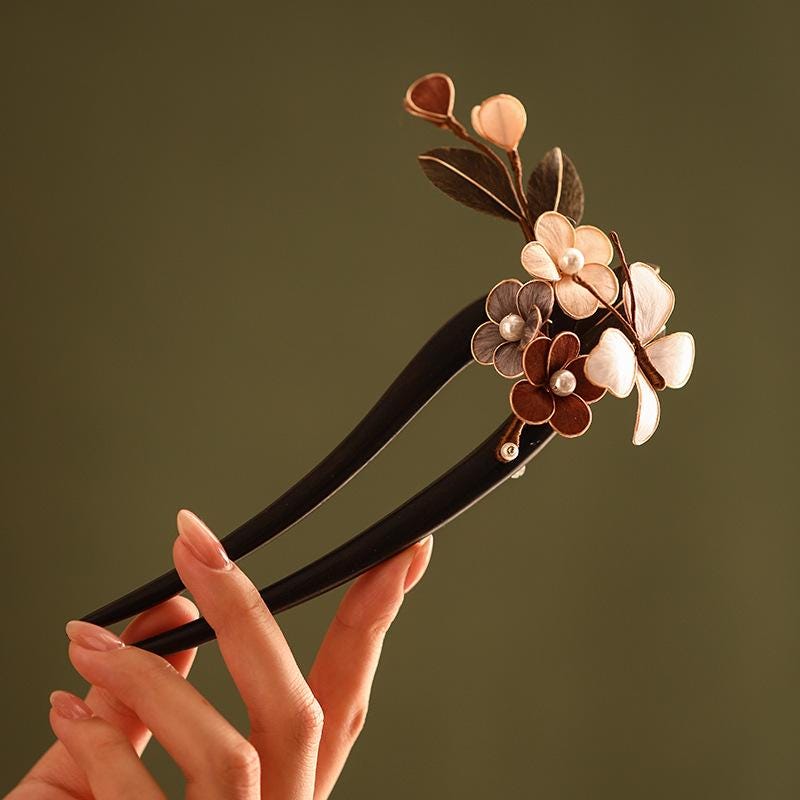 Handmade Ebony Wood Hair Stick | Blue Hydrangea Butterfly Artisan Pin