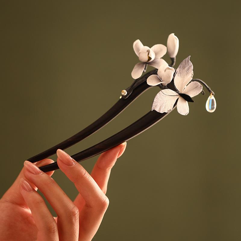 Handmade Ebony Wood Hair Stick | Blue Hydrangea Butterfly Artisan Pin