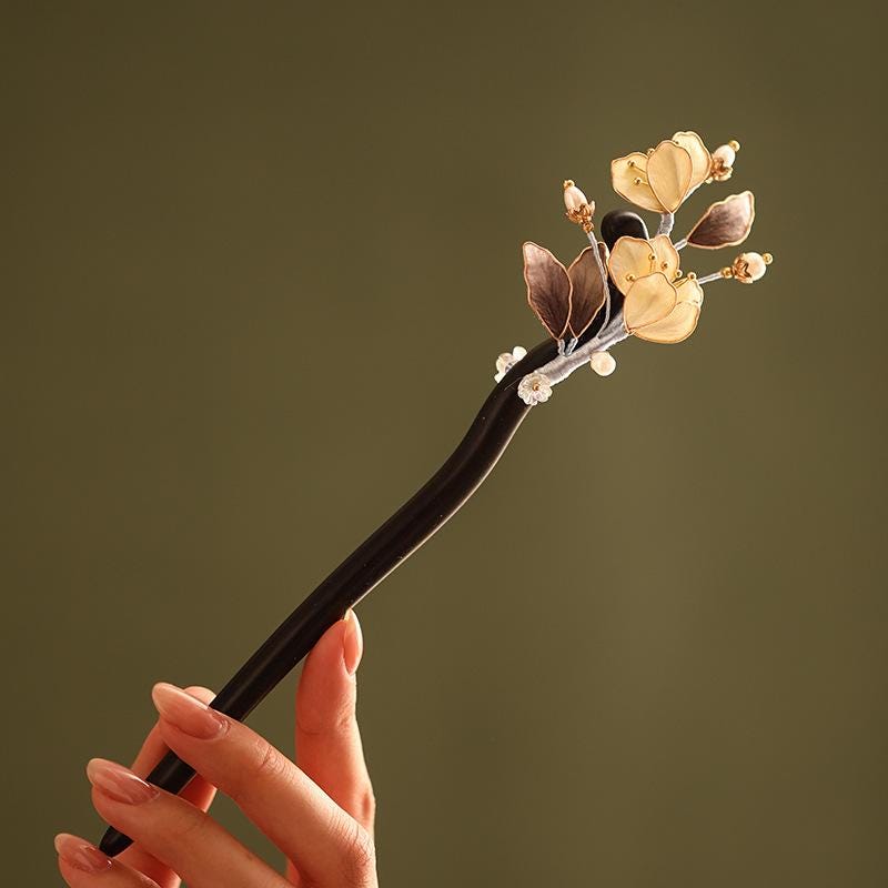 Handmade Ebony Wood Hair Stick | Blue Hydrangea Butterfly Artisan Pin
