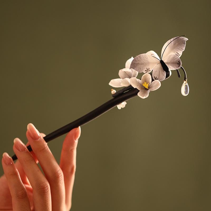 Handmade Ebony Wood Hair Stick | Blue Hydrangea Butterfly Artisan Pin