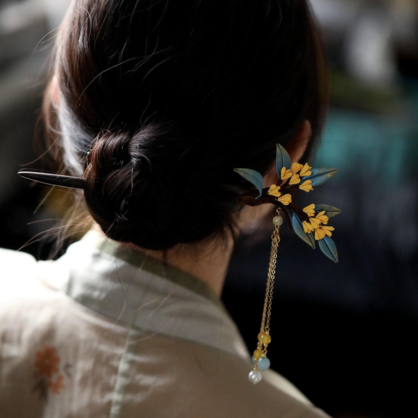 Handmade Ebony Wood Hair Stick Osmanthus