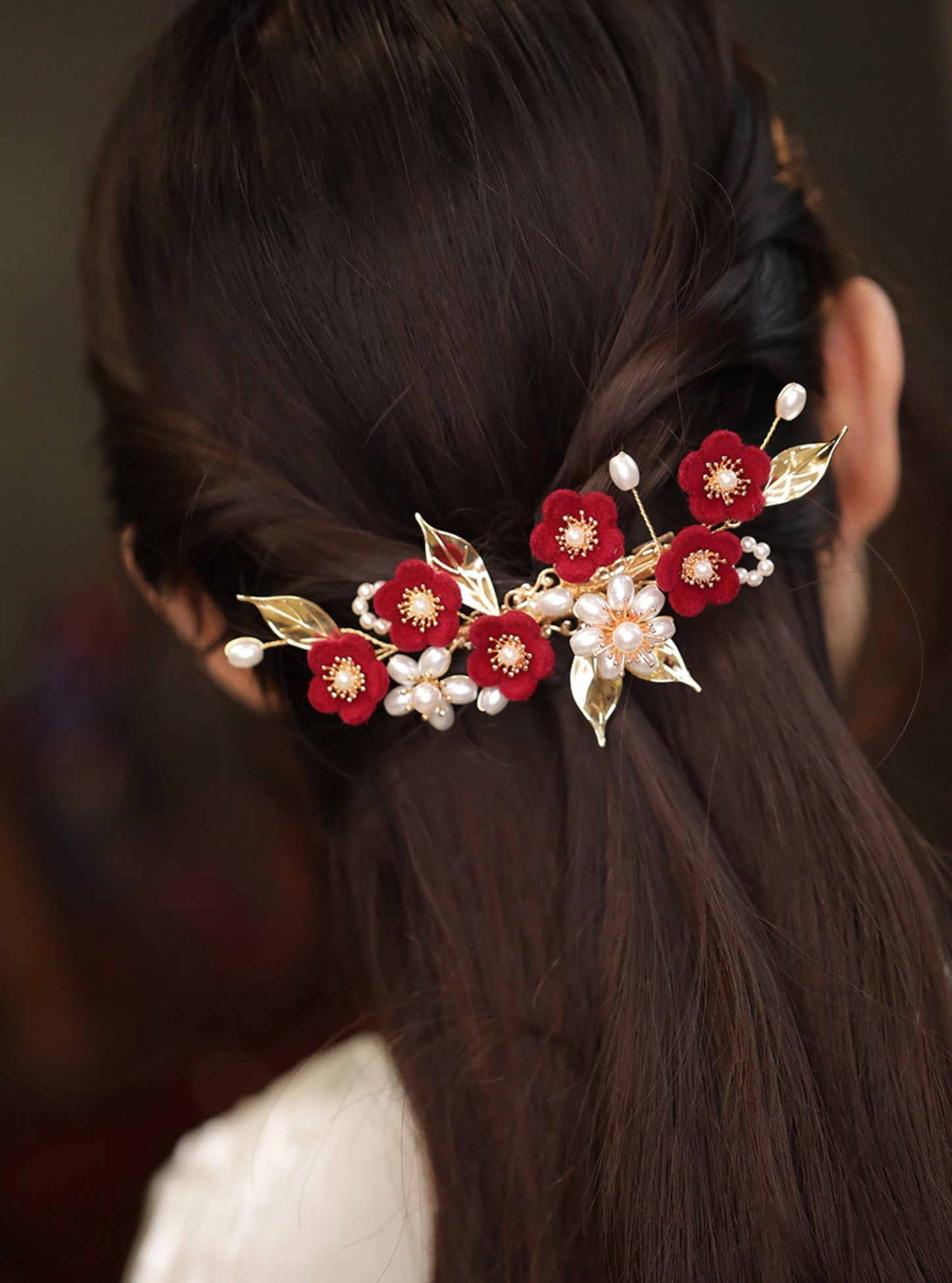 Red Camellia Bridal Hair Clip Ronghua Velvet Flower
