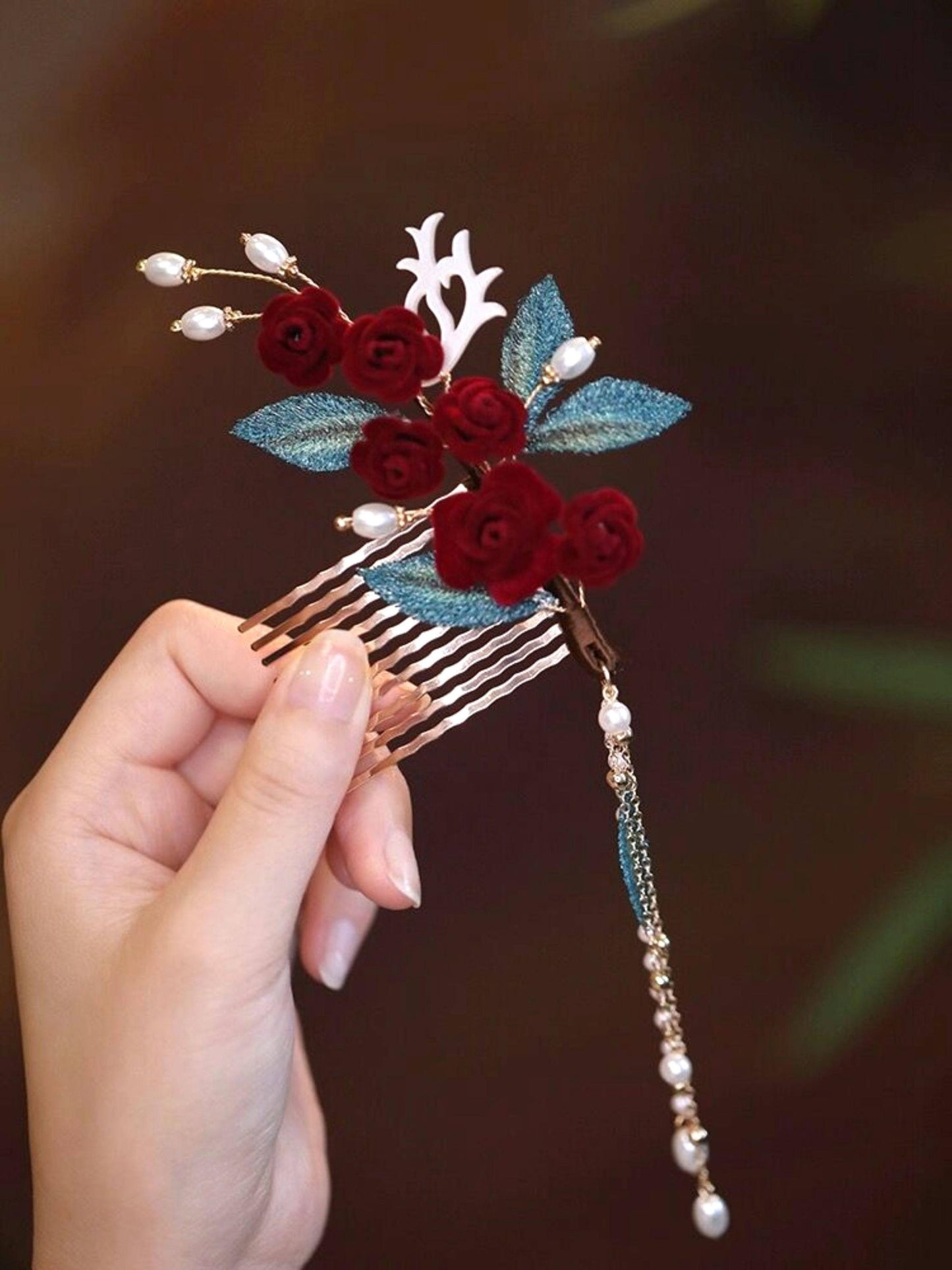 Red Camellia Bridal Hair Clip Ronghua Velvet Flower