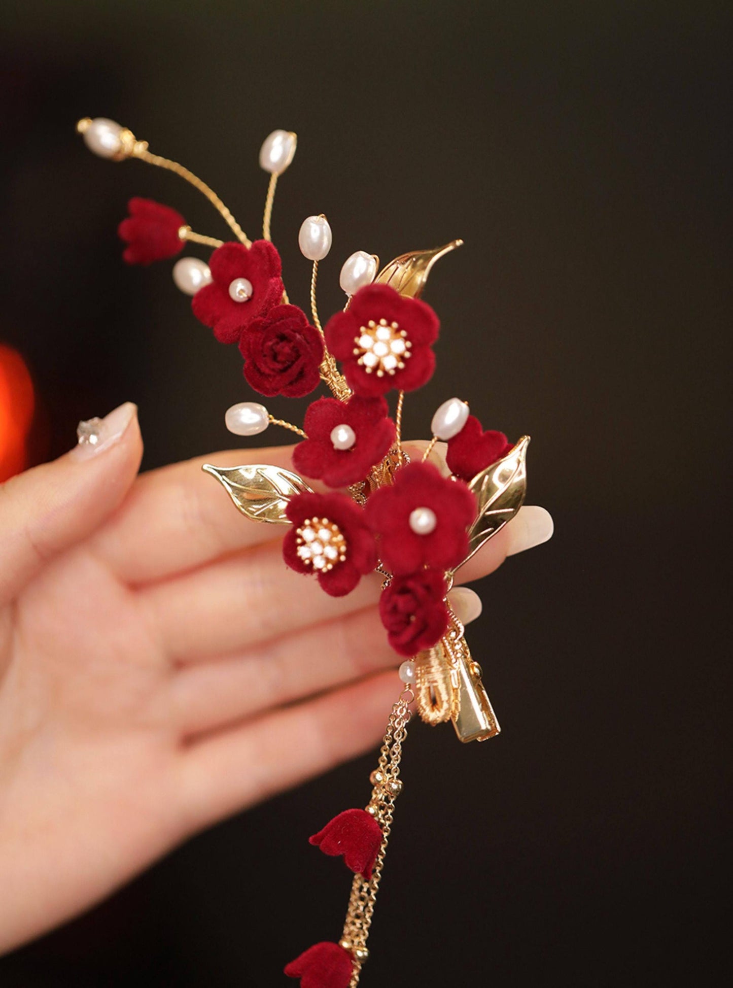 Red Camellia Bridal Hair Clip Ronghua Velvet Flower