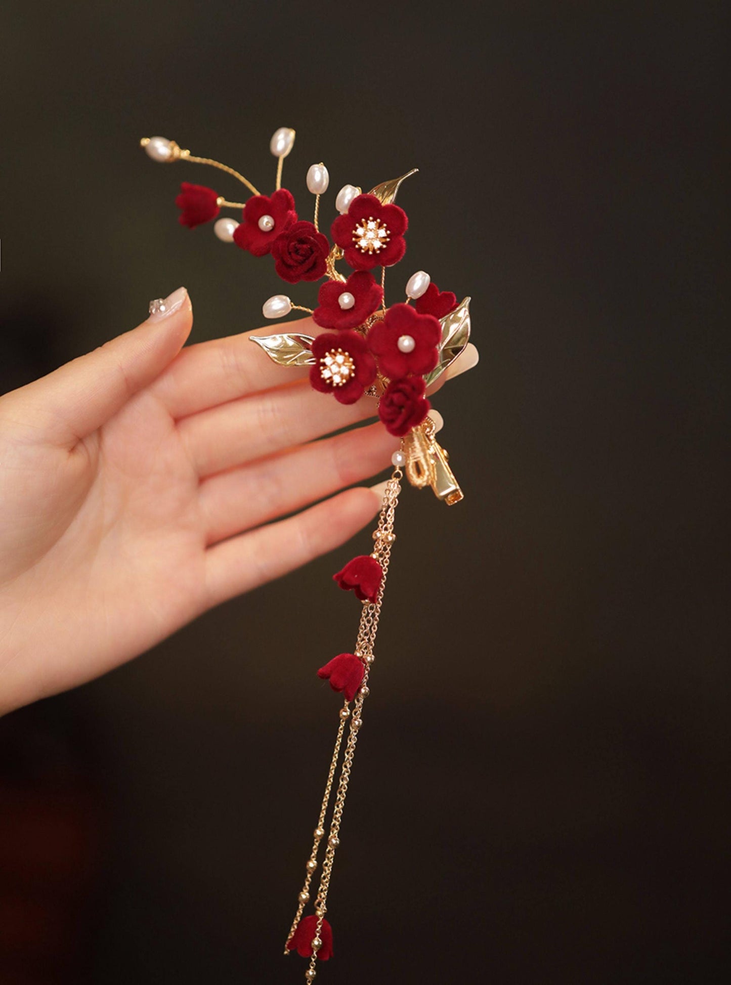 Red Camellia Bridal Hair Clip Ronghua Velvet Flower
