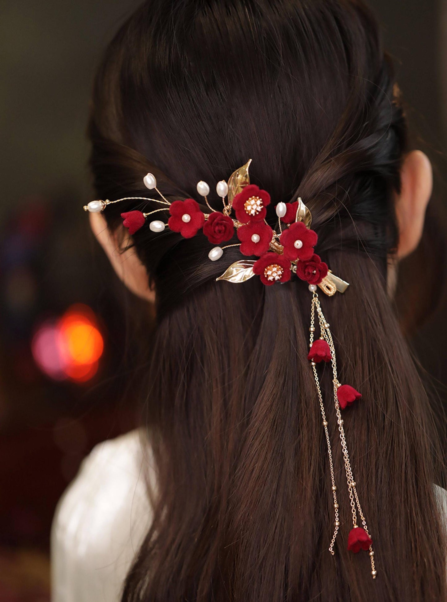 Red Camellia Bridal Hair Clip Ronghua Velvet Flower