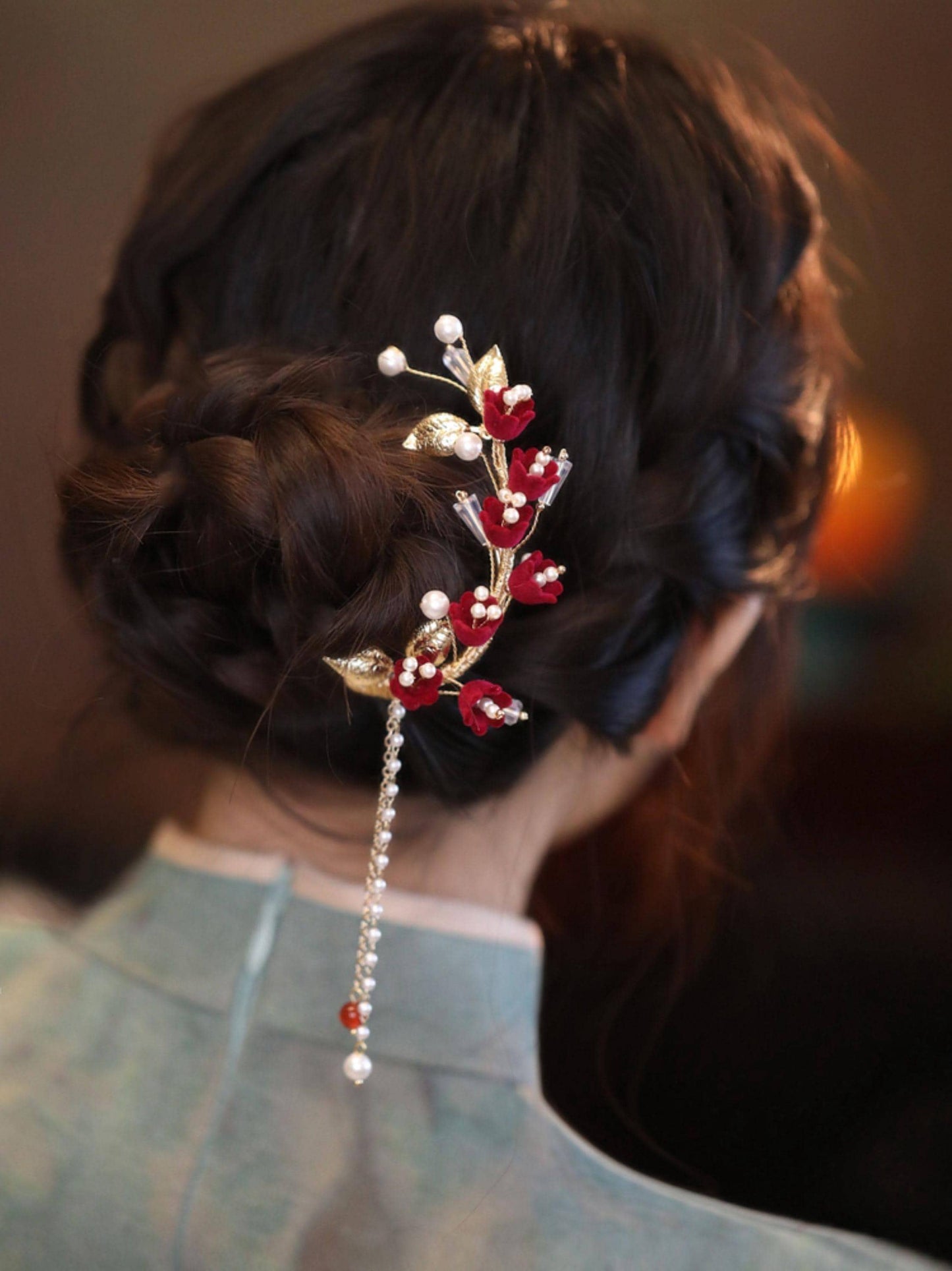 Red Camellia Bridal Hair Clip Ronghua Velvet Flower