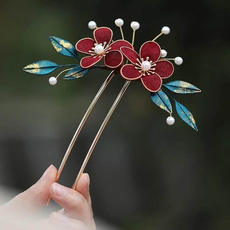 Red Camellia Bridal Hair Clip Ronghua Velvet Flower