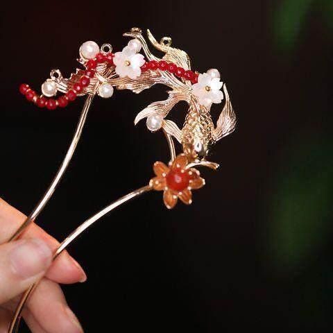 Red Camellia Bridal Hair Clip Ronghua Velvet Flower