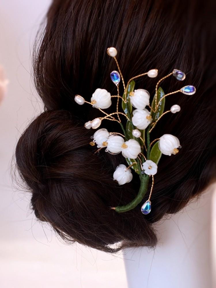 Handmade Blossom Hair Stick Bridal Hairpin Pearl Crystal