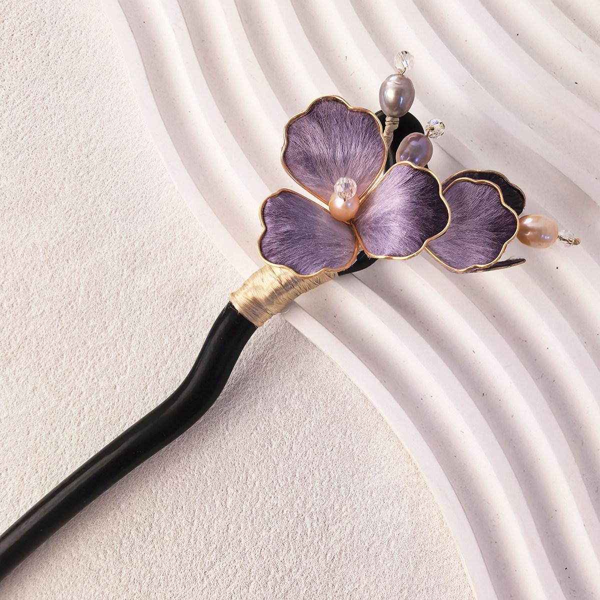 Handmade Velvet Flower Hair Clip Purple Ronghua Bridal