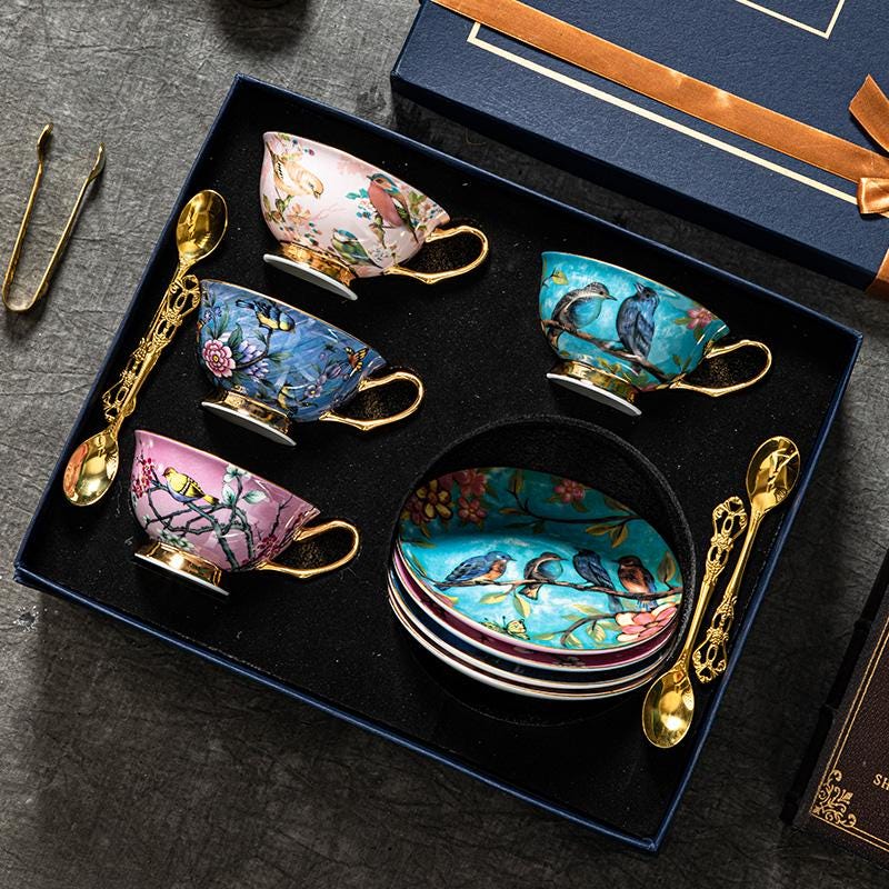 Bone China Tea Cup Set Bird and Floral Design